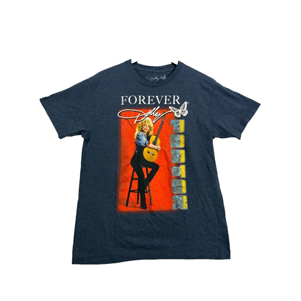Dolly Parton Forever Graphic T-Shirt Women's L Blue Butterfly Guitar Tee